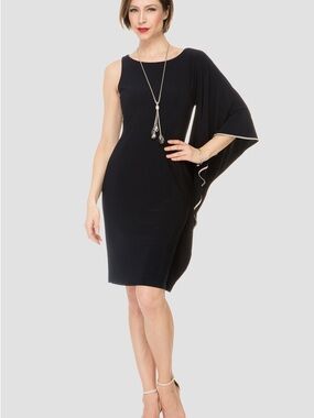 Joseph Ribkoff Black One-Shoulder Cape Dress with Contrast Trim